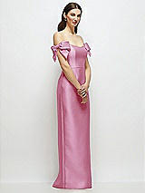 Side View Thumbnail - Powder Pink Basque-Neck Satin Column Maxi Dress with Off-the-Shoulder Bows
