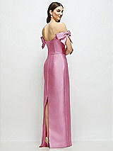 Rear View Thumbnail - Powder Pink Basque-Neck Satin Column Maxi Dress with Off-the-Shoulder Bows
