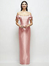 Front View Thumbnail - Rose Basque-Neck Satin Column Maxi Dress with Off-the-Shoulder Bows