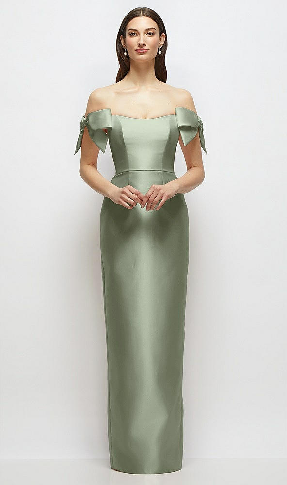 Front View - Sage Basque-Neck Satin Column Maxi Dress with Off-the-Shoulder Bows