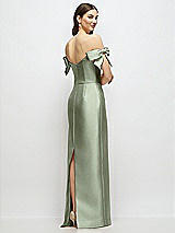 Rear View Thumbnail - Sage Basque-Neck Satin Column Maxi Dress with Off-the-Shoulder Bows