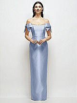 Front View Thumbnail - Sky Blue Basque-Neck Satin Column Maxi Dress with Off-the-Shoulder Bows