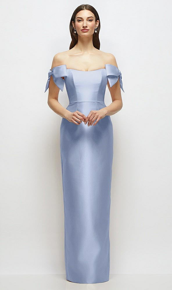 Front View - Sky Blue Basque-Neck Satin Column Maxi Dress with Off-the-Shoulder Bows