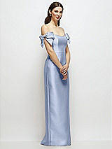 Side View Thumbnail - Sky Blue Basque-Neck Satin Column Maxi Dress with Off-the-Shoulder Bows