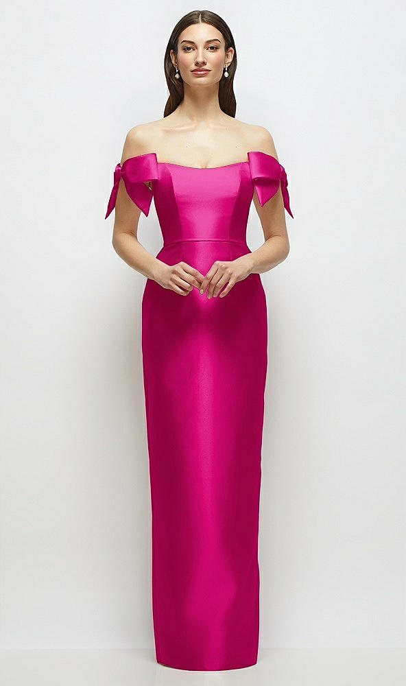 Front View - Think Pink Basque-Neck Satin Column Maxi Dress with Off-the-Shoulder Bows