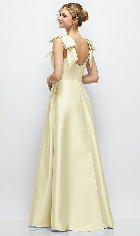 Back View - Butter Yellow Deep V-Neck Satin Ball Gown with Shoulder Bows