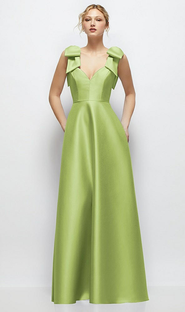 Front View - Mojito Deep V-Neck Satin Ball Gown with Shoulder Bows