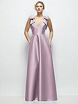 Front View Thumbnail - Suede Rose Deep V-Neck Satin Ball Gown with Shoulder Bows