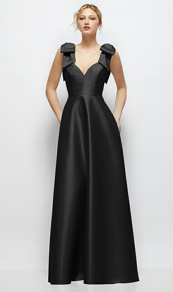 Front View - Black Deep V-Neck Satin Ball Gown with Shoulder Bows