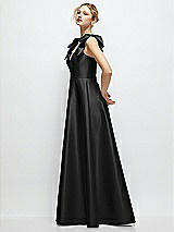 Side View Thumbnail - Black Deep V-Neck Satin Ball Gown with Shoulder Bows