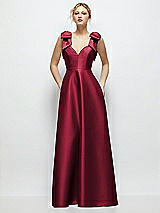 Front View Thumbnail - Burgundy Deep V-Neck Satin Ball Gown with Shoulder Bows