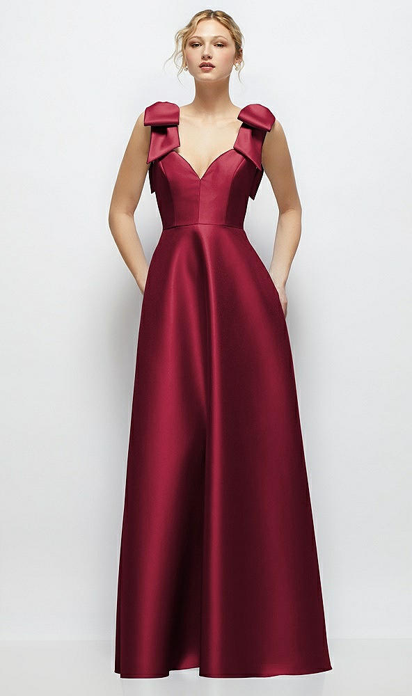 Front View - Burgundy Deep V-Neck Satin Ball Gown with Shoulder Bows