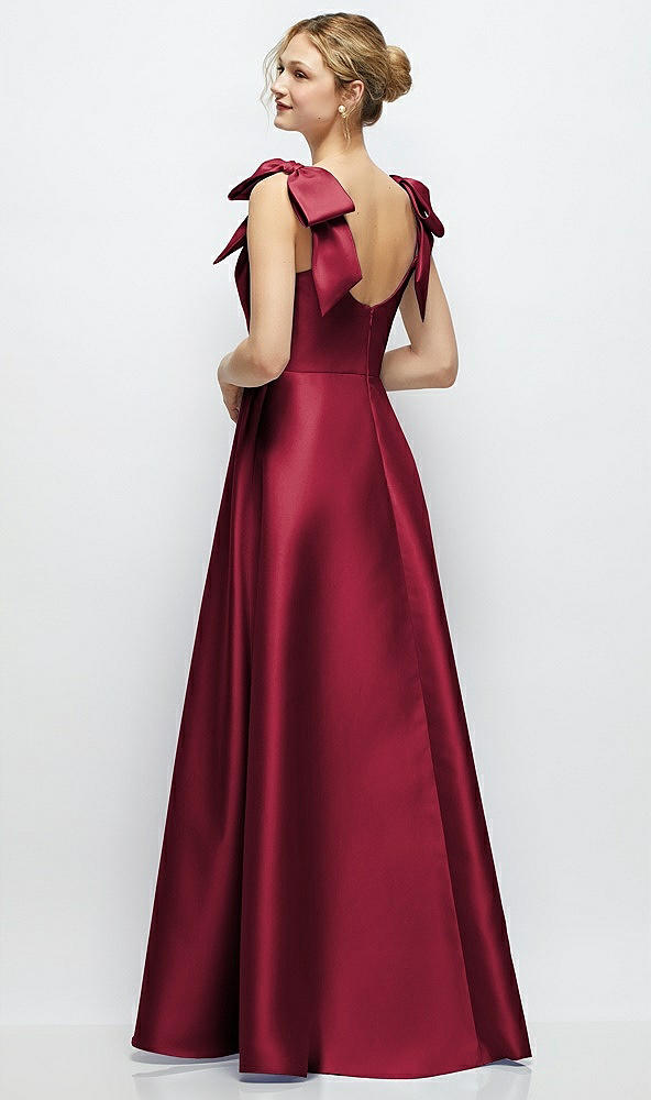 Back View - Burgundy Deep V-Neck Satin Ball Gown with Shoulder Bows