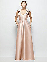 Front View Thumbnail - Cameo Deep V-Neck Satin Ball Gown with Shoulder Bows