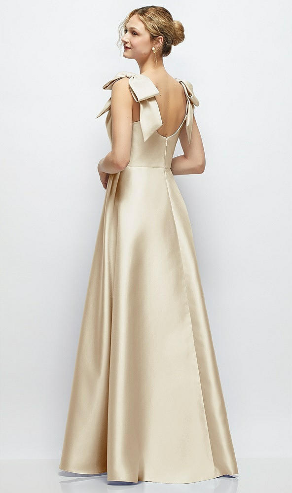 Back View - Champagne Deep V-Neck Satin Ball Gown with Shoulder Bows