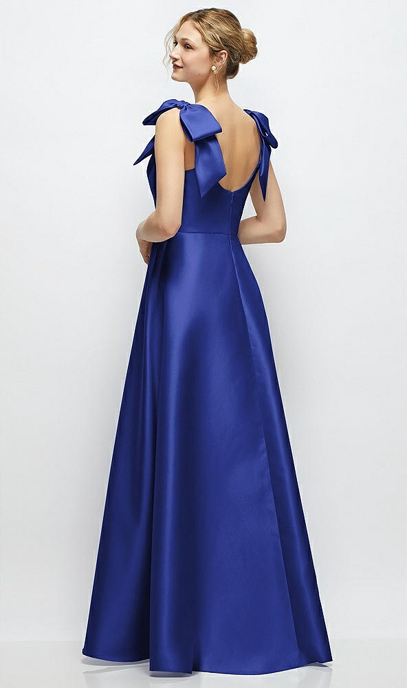 Back View - Cobalt Blue Deep V-Neck Satin Ball Gown with Shoulder Bows