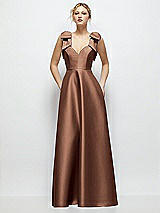 Front View Thumbnail - Cognac Deep V-Neck Satin Ball Gown with Shoulder Bows