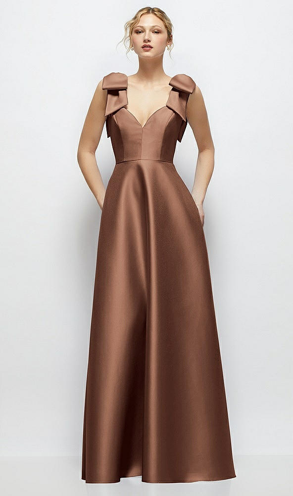 Front View - Cognac Deep V-Neck Satin Ball Gown with Shoulder Bows