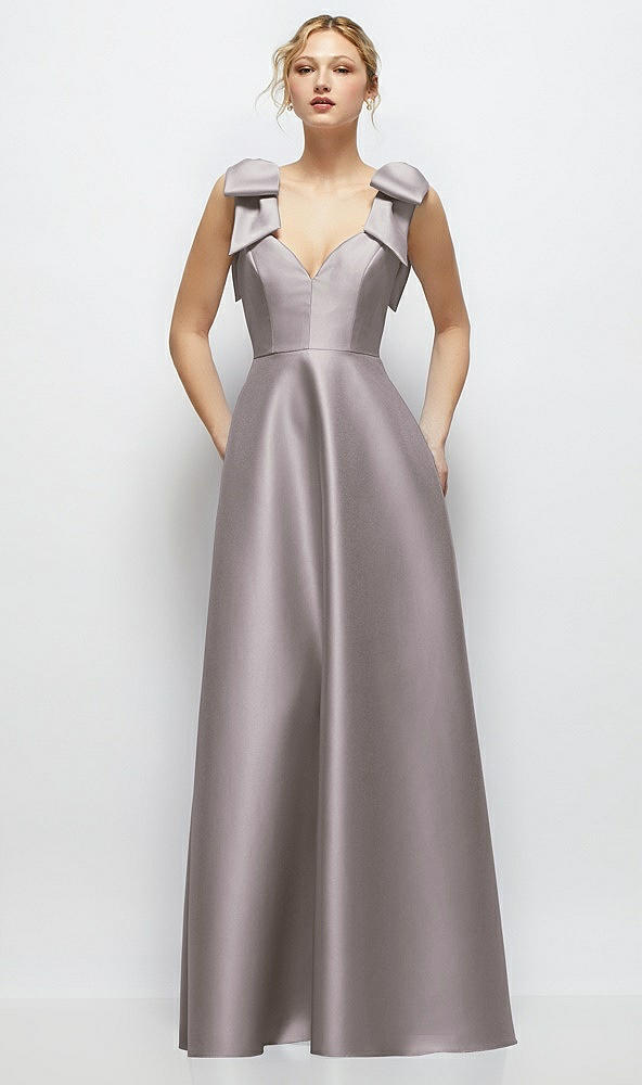 Front View - Cashmere Gray Deep V-Neck Satin Ball Gown with Shoulder Bows