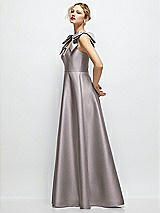 Side View Thumbnail - Cashmere Gray Deep V-Neck Satin Ball Gown with Shoulder Bows