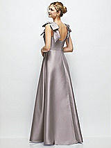 Rear View Thumbnail - Cashmere Gray Deep V-Neck Satin Ball Gown with Shoulder Bows