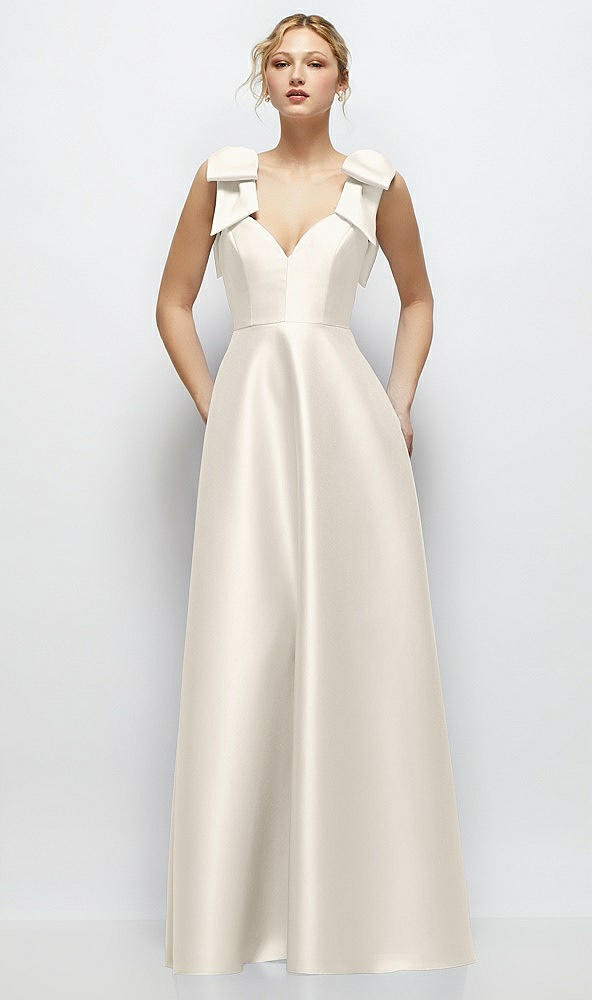 Front View - Ivory Deep V-Neck Satin Ball Gown with Shoulder Bows