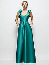 Front View Thumbnail - Jade Deep V-Neck Satin Ball Gown with Shoulder Bows