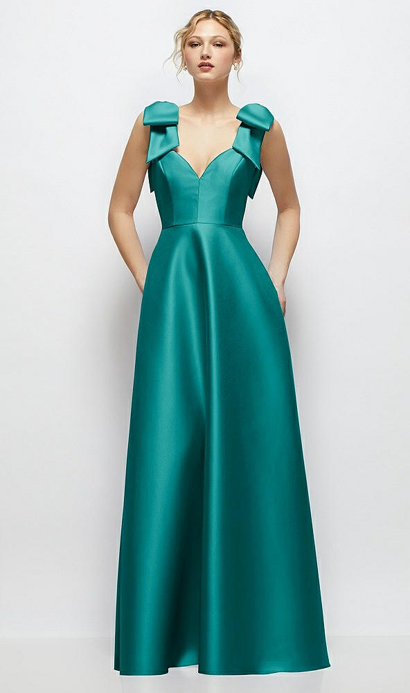 Front View - Jade Deep V-Neck Satin Ball Gown with Shoulder Bows