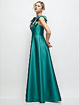 Side View Thumbnail - Jade Deep V-Neck Satin Ball Gown with Shoulder Bows