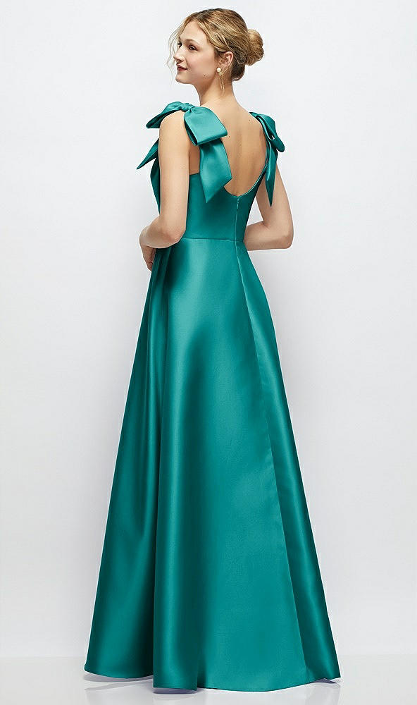 Back View - Jade Deep V-Neck Satin Ball Gown with Shoulder Bows
