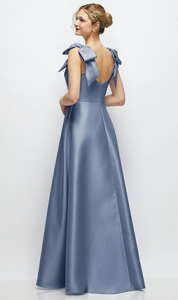Back View - Larkspur Blue Deep V-Neck Satin Ball Gown with Shoulder Bows