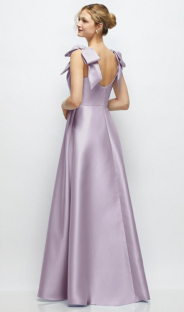 Back View - Lilac Haze Deep V-Neck Satin Ball Gown with Shoulder Bows