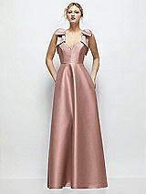 Front View Thumbnail - Neu Nude Deep V-Neck Satin Ball Gown with Shoulder Bows