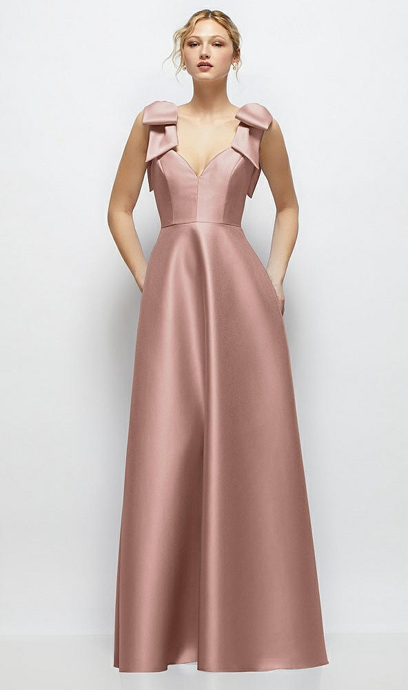 Front View - Neu Nude Deep V-Neck Satin Ball Gown with Shoulder Bows