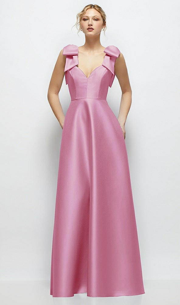 Front View - Powder Pink Deep V-Neck Satin Ball Gown with Shoulder Bows