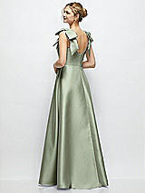 Rear View Thumbnail - Sage Deep V-Neck Satin Ball Gown with Shoulder Bows