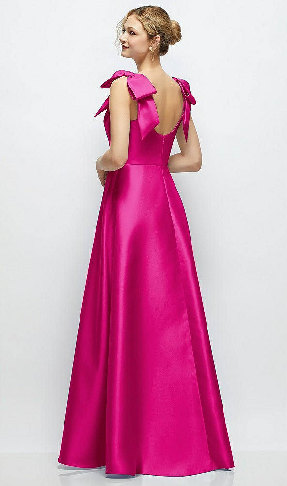 Back View - Think Pink Deep V-Neck Satin Ball Gown with Shoulder Bows