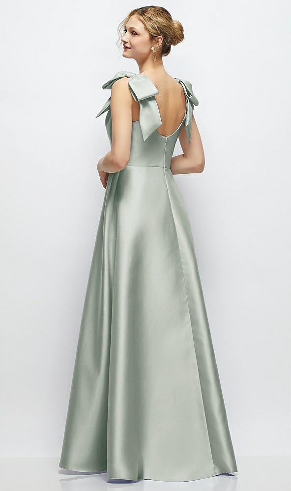 Back View - Willow Green Deep V-Neck Satin Ball Gown with Shoulder Bows