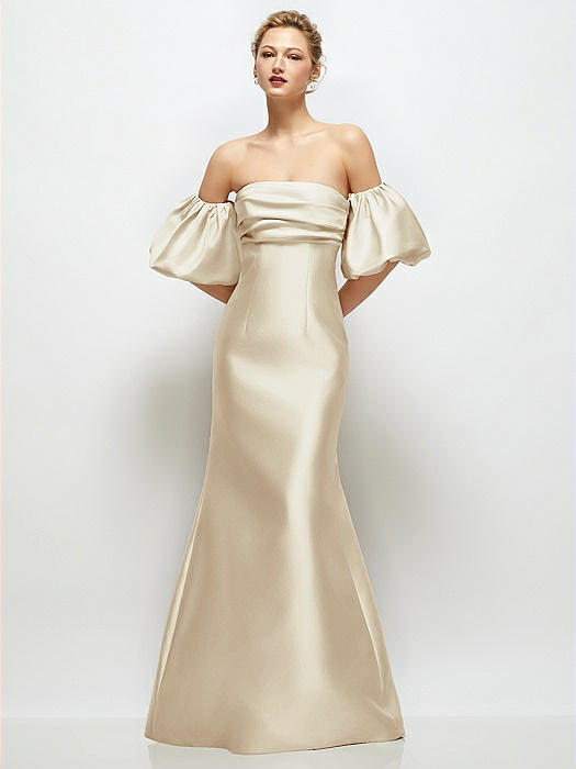 Off-the-Shoulder Puff Sleeve Satin Maxi Dress with Flared Skirt