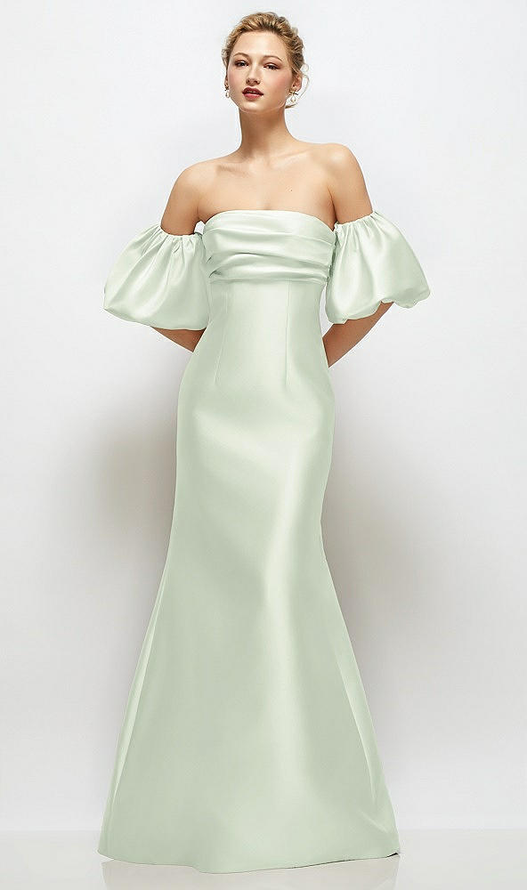 Front View - Mint Green Off-the-Shoulder Puff Sleeve Satin Maxi Dress with Flared Skirt