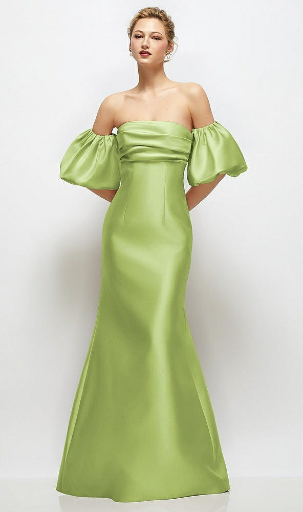 Front View - Mojito Off-the-Shoulder Puff Sleeve Satin Maxi Dress with Flared Skirt