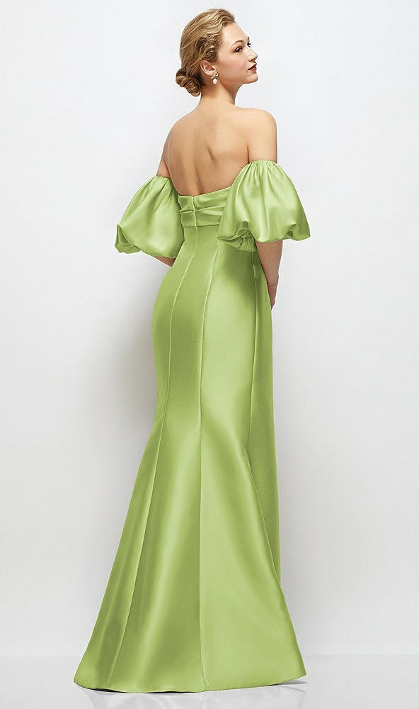 Back View - Mojito Off-the-Shoulder Puff Sleeve Satin Maxi Dress with Flared Skirt
