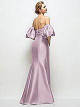 Rear View Thumbnail - Suede Rose Off-the-Shoulder Puff Sleeve Satin Maxi Dress with Flared Skirt