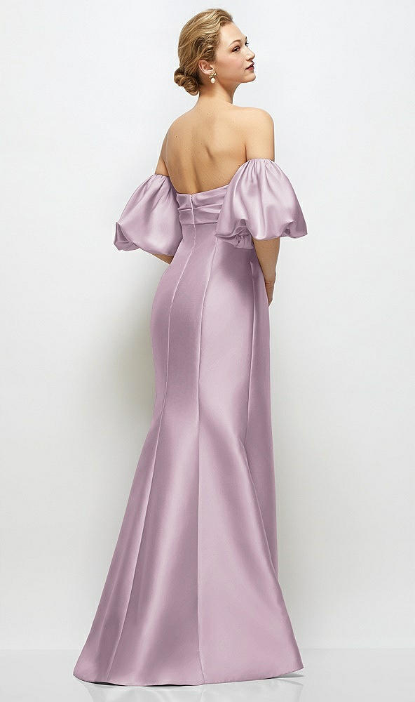 Back View - Suede Rose Off-the-Shoulder Puff Sleeve Satin Maxi Dress with Flared Skirt