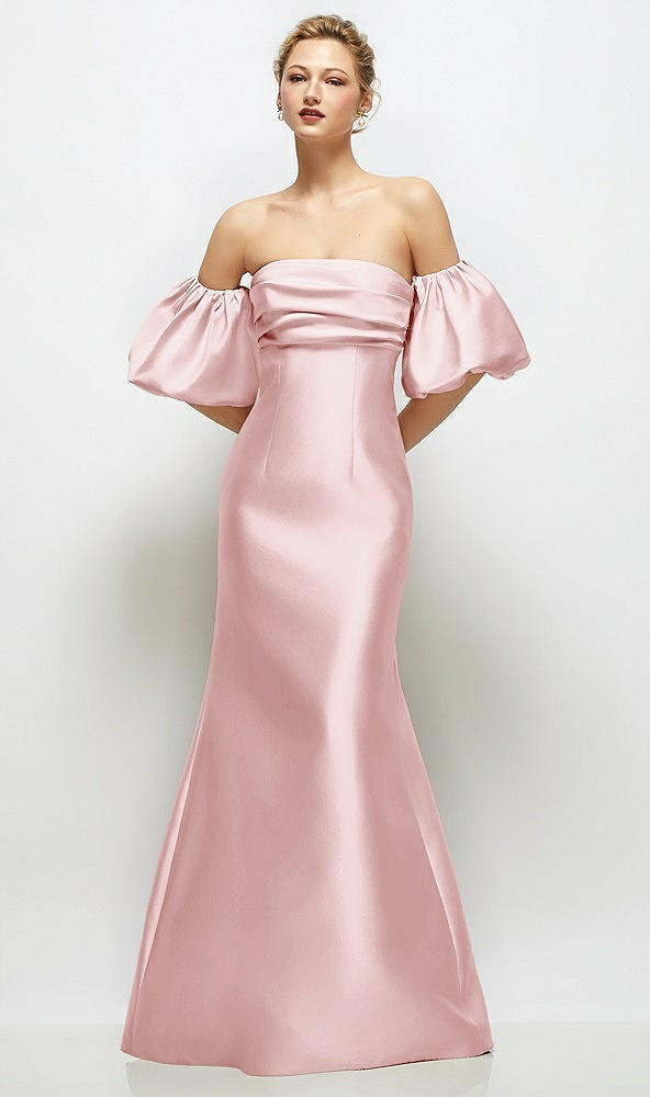 Front View - Ballet Pink Off-the-Shoulder Puff Sleeve Satin Maxi Dress with Flared Skirt