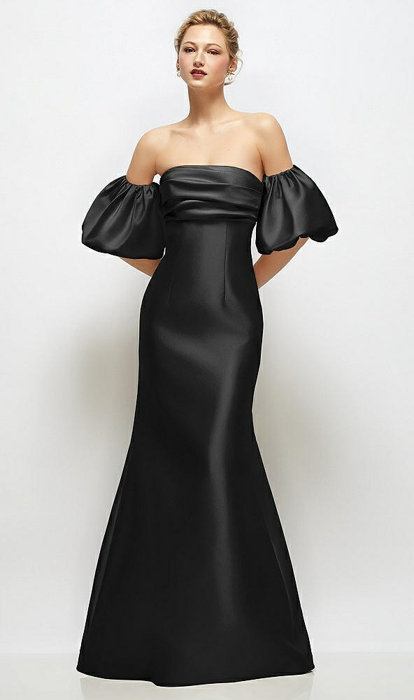 Front View - Black Off-the-Shoulder Puff Sleeve Satin Maxi Dress with Flared Skirt