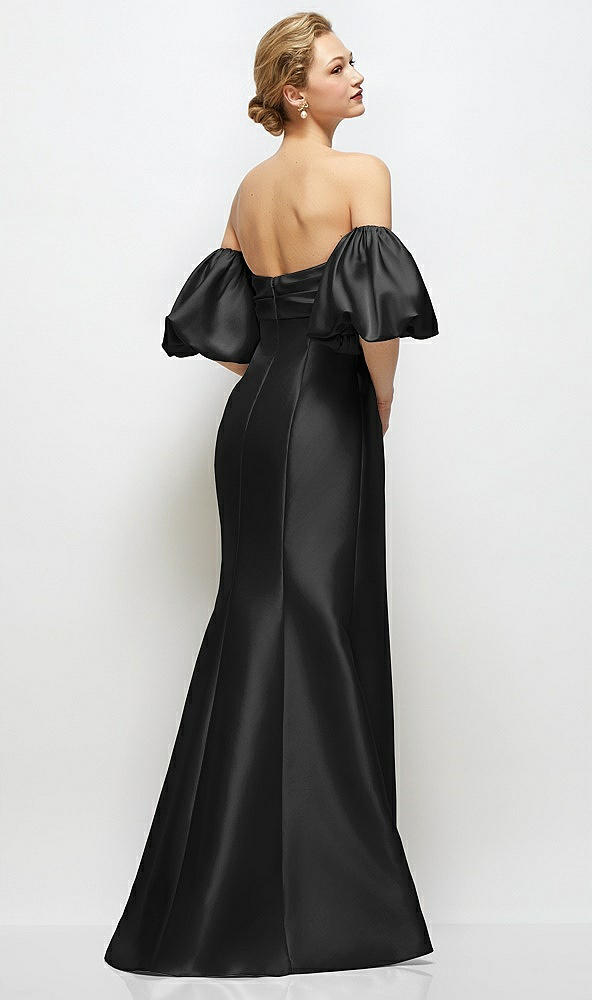 Back View - Black Off-the-Shoulder Puff Sleeve Satin Maxi Dress with Flared Skirt