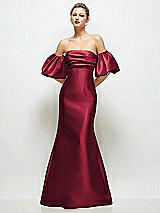 Front View Thumbnail - Burgundy Off-the-Shoulder Puff Sleeve Satin Maxi Dress with Flared Skirt