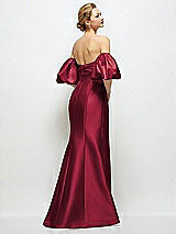 Rear View Thumbnail - Burgundy Off-the-Shoulder Puff Sleeve Satin Maxi Dress with Flared Skirt