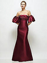 Front View Thumbnail - Cabernet Off-the-Shoulder Puff Sleeve Satin Maxi Dress with Flared Skirt
